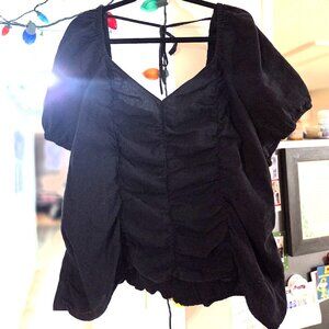 Chic Black Ruched Puff Sleeve Blouse